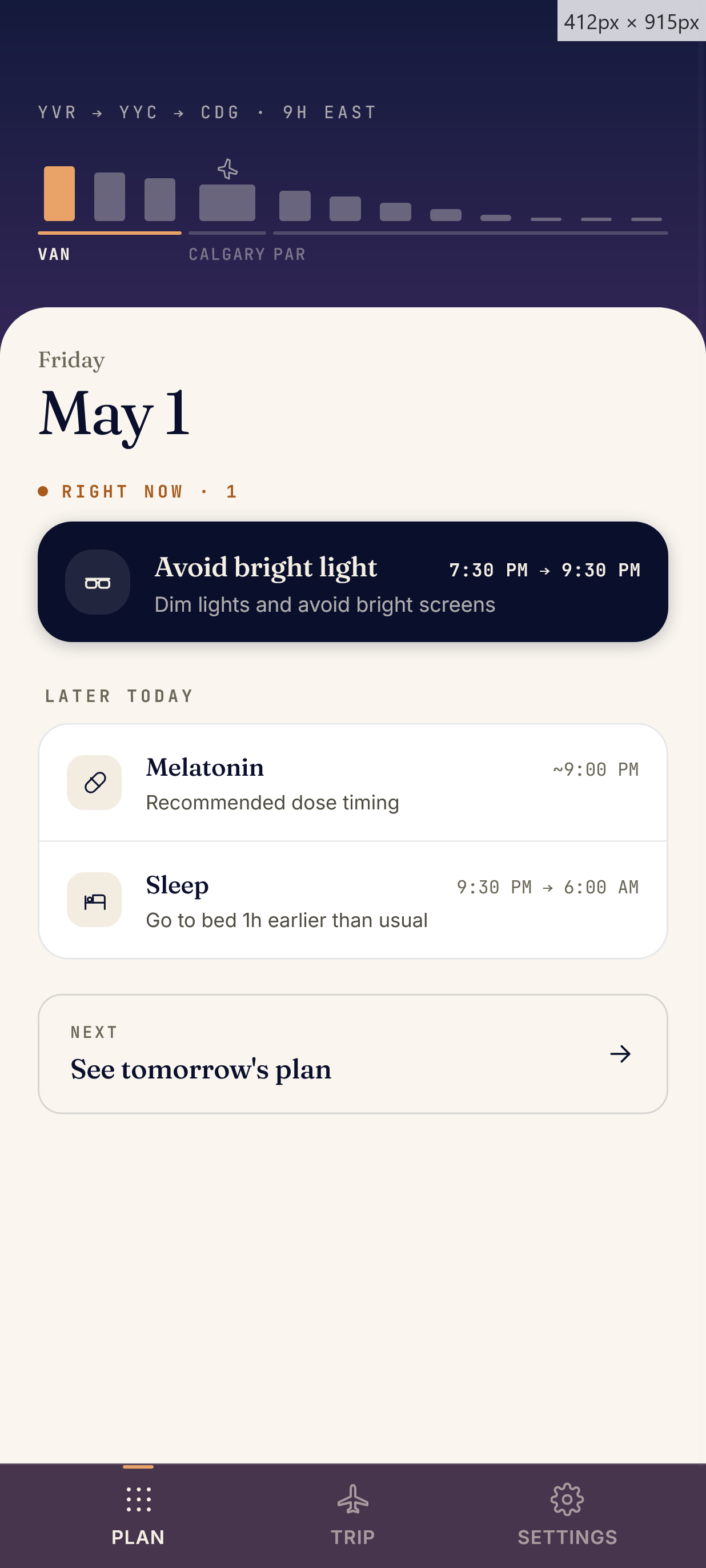 Daily plan for the first evening with light and sleep actions