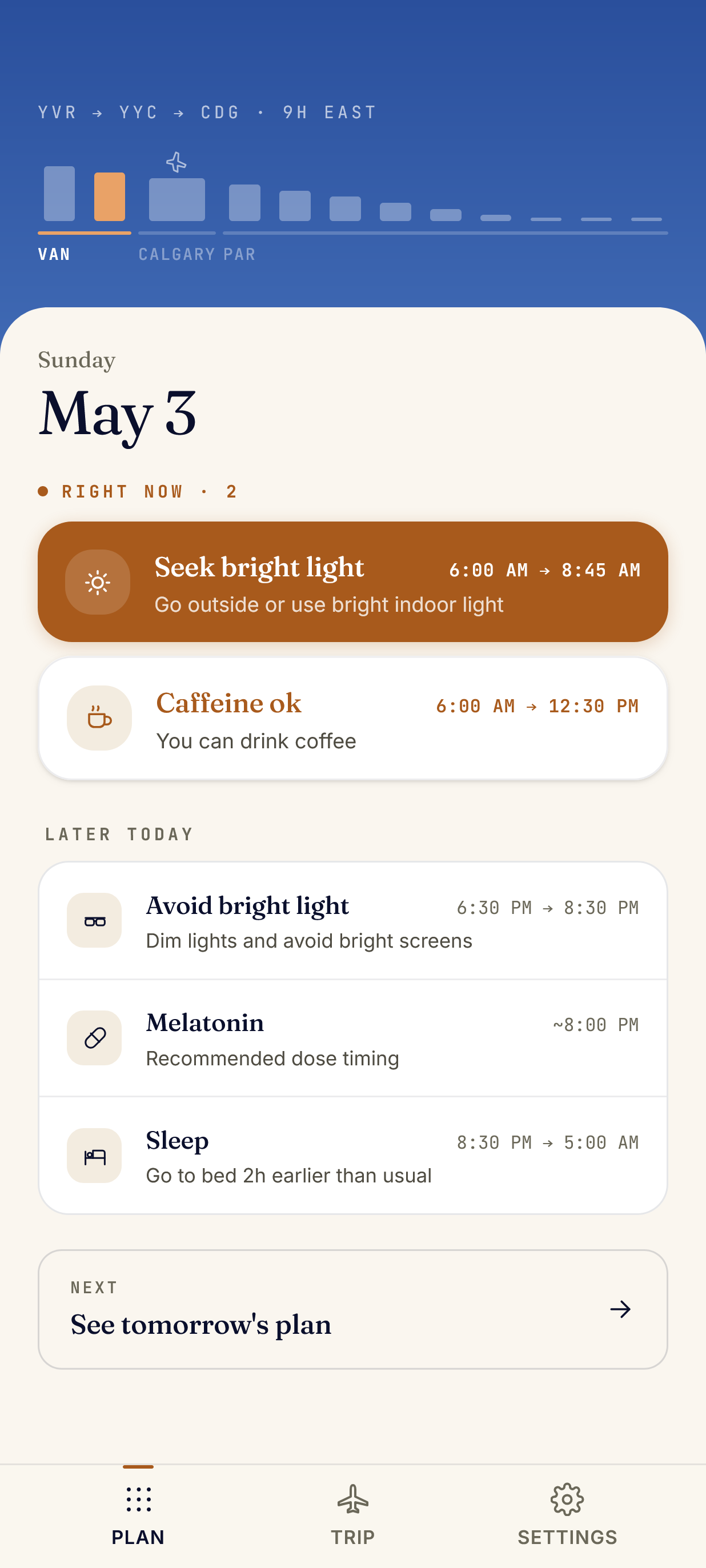 Later day plan showing bright light, caffeine and sleep timing