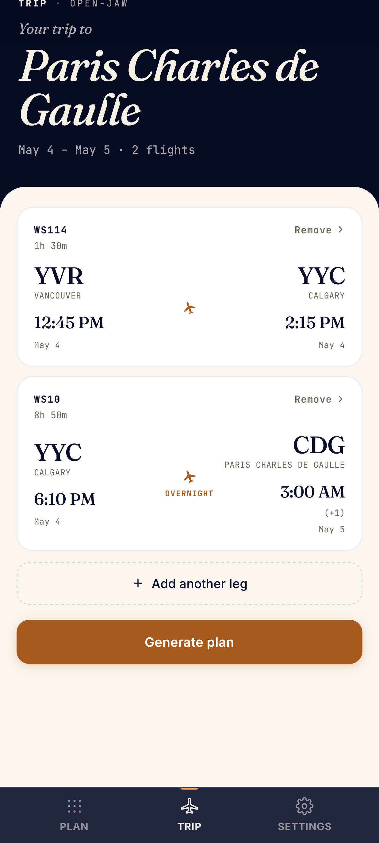 Trip builder showing a Vancouver to Paris itinerary with two flights